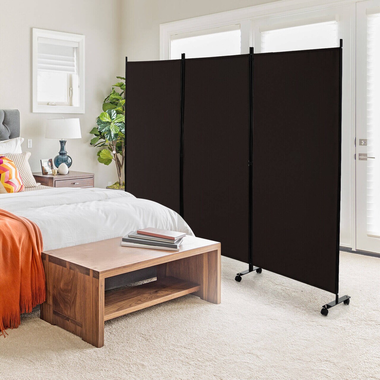 3 Panel Folding Room Divider with 8 Smooth Universal Lockable Wheels
